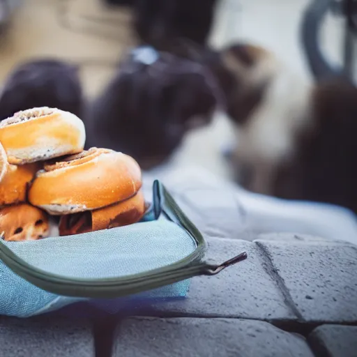 Prompt: closeup photo of cute pariah - dog eating bagles from mesh bag, shallow depth of field, cinematic, 8 0 mm, f 1. 8