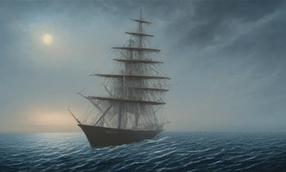 Prompt: a glowing tall ship sailing in the ocean by lee madgwick