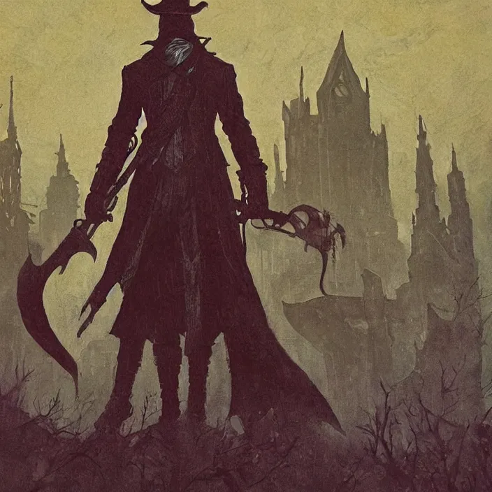 Image similar to hunter from bloodborne in yharnam, style by retrofuturism, faded red and yelow, by malcolm smith, old comics in city, nicholas roerich, katinka reinke