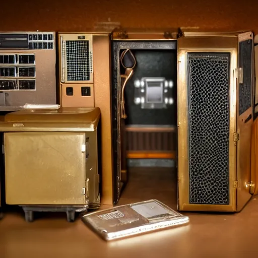 Prompt: diorama box of a computer server bank room, gold, art deco, rust, worn, room full of computers
