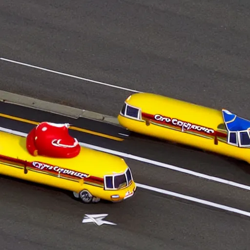 Image similar to a helicopter shot of the Oscar Meyer wienermobile in a high-speed police chase