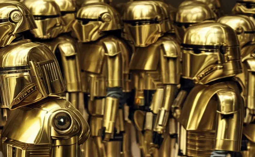 Prompt: screenshot portrait of Luke Skywalker with a fleet of chrome C-3P0 droids, iconic scene from 1980s film by Stanley Kubrick, 4k, cinematic still frame, surreal sci fi architecture, portrait photoreal Mark Hammill, detailed face, moody lighting, anamorphic lenses, stunning cinematography, hyper detailed, sharp, 4k, HD