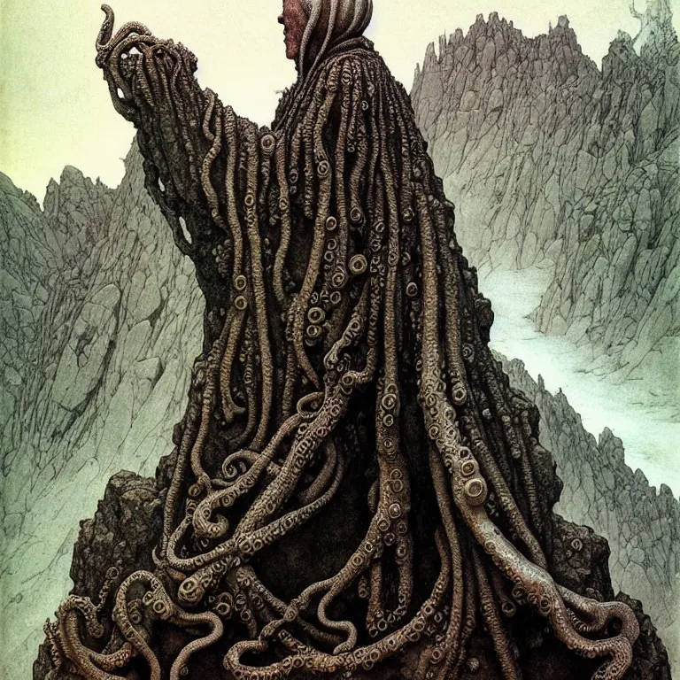 Prompt: A detailed tentacleheaded human stands among the mountains with a pebble in hands. Wearing a ripped mantle, robe and boots. Extremely high details, realistic, fantasy art, solo, masterpiece, art by Zdzisław Beksiński, Arthur Rackham, Dariusz Zawadzki