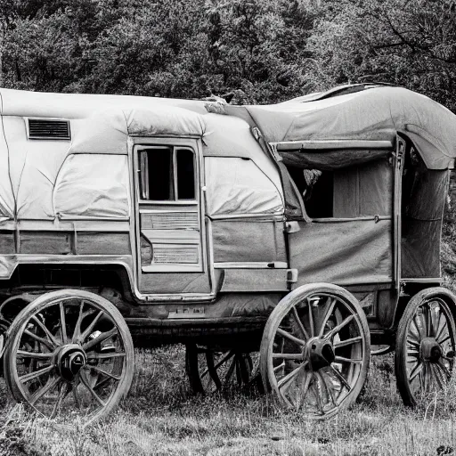 Image similar to a monochromatic sepia photograph of a delorean in a pioneer caravan on the oregon trail, trending on art station,