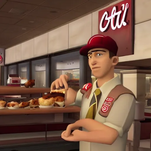 Image similar to scout from tf 2 orders chik - fil - a, highly detailed, cinematic lighting,