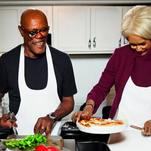 Image similar to Samuel L Jackson and Mary Berry cooking together