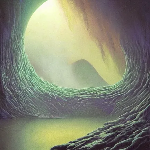 Image similar to artistic digital artwork of an epic natural scene on an alien planet. beautiful landscape by vincent bons, michael whelan and remedios varo. grainy and rough. interesting pastel colour palette. beautiful light. oil and water colour based on high quality render.