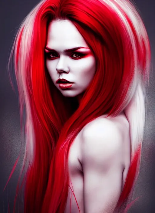 Image similar to photo of kerli koiv with red and white ombre in the style of stefan kostic, realistic, half body shot, sharp focus, 8 k high definition, insanely detailed, intricate, elegant, art by stanley lau and artgerm, foggy backgeound