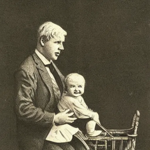 Image similar to victorian medical illustration of boris johnson as a baby in a pram