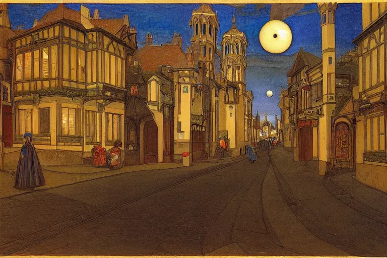 Prompt: winding street at midnight in a very old very beautiful city by ford madox brown and Nicholas Roerich and jean delville, glowing paper lanterns, strong dramatic cinematic lighting , ornate tiled architecture, lost civilizations, smooth, sharp focus, extremely detailed