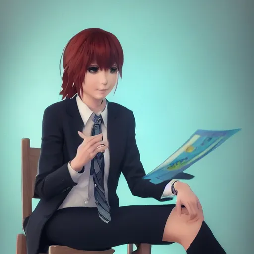 Prompt: portrait of a mermaid news reporter, sitting in a chair, wearing a suit, anime illustration, square enix, cinematic lighting, trending on artstation