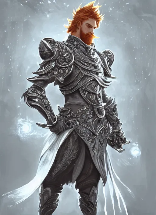 Image similar to a highly detailed illustration of short ginger haired man wearing white suit, heroic wielding ornate mechanical cane pose, intricate, elegant, highly detailed, centered, digital painting, artstation, concept art, smooth, sharp focus, league of legends concept art, WLOP