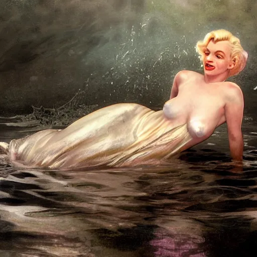 Prompt: a photograph of a clone of marilyn monroe submerged and rusted in the water, cinematic, volumetric lighting, f 8 aperture, cinematic eastman 5 3 8 4 film, photorealistic by greg rutkowski, by stanley artgerm, by alphonse mucha