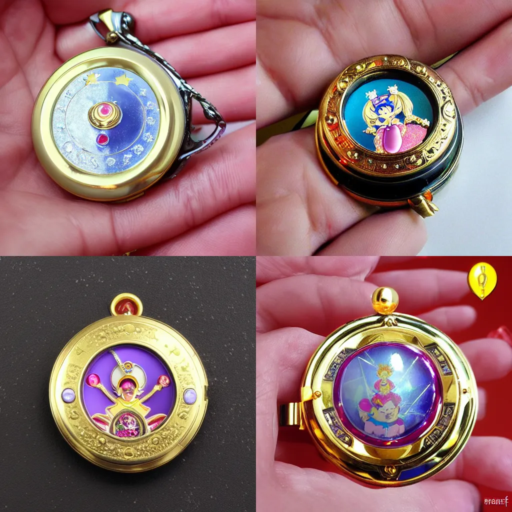 Prompt: 1995 Bandai Sailor Moon Locket Transformation Compact in the style of The House of Fabergé