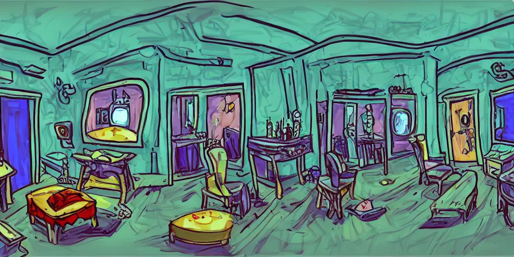 Image similar to a dimly lit, theater dressing room, with a mirror, a chair, a couch, day of the tentacle style, drawn by Peter Chan, fish eye