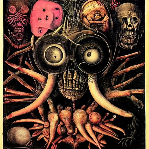 Image similar to post - punk new age album cover, magic, apocalypse, psychedelic, psychonaut, black white pink, magic, giger h. r., giuseppe arcimboldo