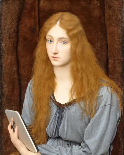 Image similar to Pre-Raphaelite portrait of a young beautiful woman with blond-hair and grey eyes wearing hoodie holding macbook