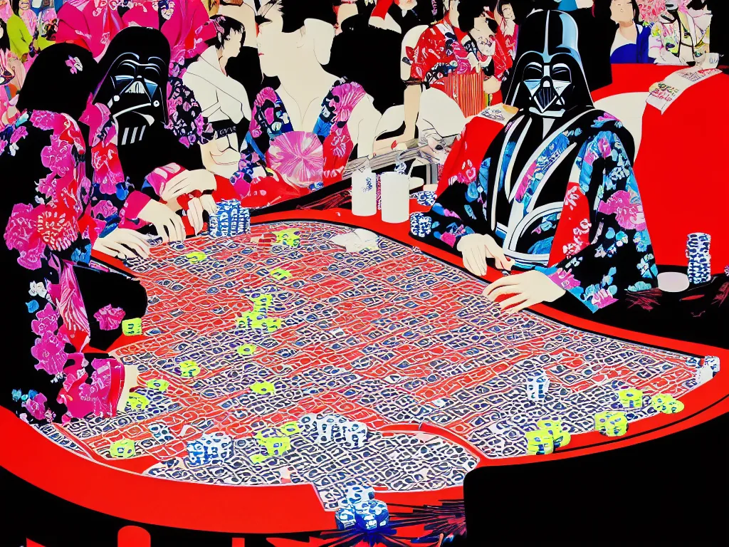 Image similar to hyperrealistim composition of the detailed single woman in a japanese kimono sitting at a extremely detailed poker table with darth vader, fireworks, river on the background, pop - art style, jacky tsai style, andy warhol style, acrylic on canvas