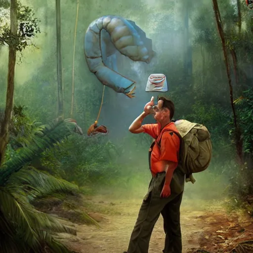 Prompt: Tom Hanks as forrest roasint a giant shrimp over a fire in the jungle, realistic digital painting, in the style of Aleksi Briclot, photoreailstic, realistic face, amazing detail, sharp