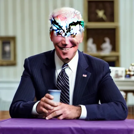 Image similar to joe biden drinking purple liquid out of a styrofoam cup