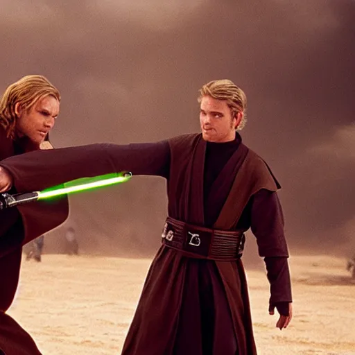 Prompt: Ewan McGregor as Anakin Skywalker fights Hayden Christensen as Obi-Wan Kenobi