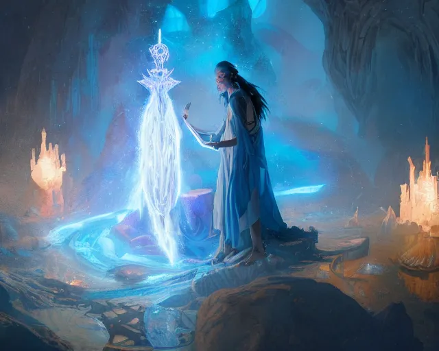 Prompt: blue haired female god casting a spell using sigils, flowing robes, cave with glowing crystals, fantasy, dramatic lighting, detailed painting, greg rutkowski, 8 k,