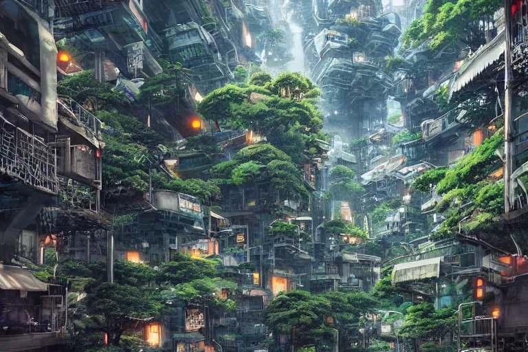 Image similar to solarpunk kowloon walled forest city, still from studio ghibli anime movie, cyberpunk tree house, walkways, bridges, pedestrians, robots, rivers, digital art, artgerm, trending on artstation