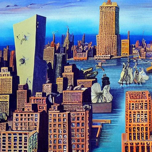 Prompt: salvador dali painting of new york city skyline lots of color and detail