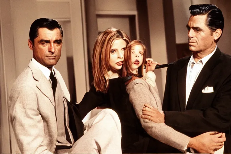 Image similar to cary grant as giles in buffy the vampire slayer, along side sarah michelle gellar 1 9 9 8