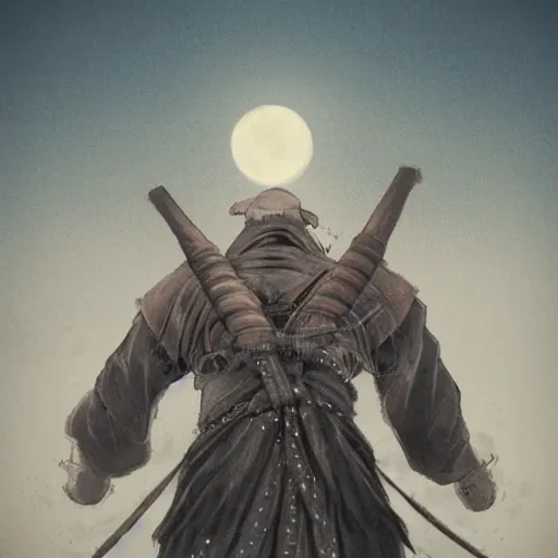 Image similar to A PORTRAIT FROM BEHIND OF A SAMURAI MAN VAGABOND WITH A MOON BEHIND HIM ,THE SAMURAI IS WRAPPED IN CHAINS ,detailed,editorial illustration, matte print, concept art, ink style , sketch , digital 2D