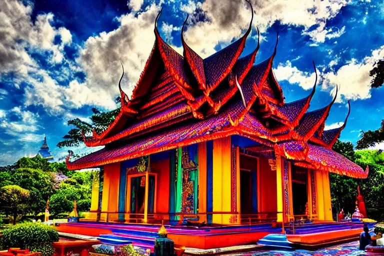 Prompt: summer morning, thai temple, rolling mountain, very coherent and colorful high contrast, art, dark shadows, hard lighting