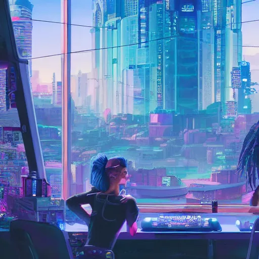 Prompt: Lofi vaporwave sci-fi cyberpunk epic video game room with large window looking out at overpopulated future city, Pixar style, Tristan Eaton, Stanley Artgerm, Tom Bagshaw