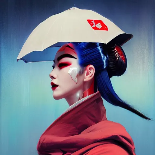 Image similar to cyberpunk geisha android robot portrait painting, medium shot, asymmetrical, profile picture, organic painting, sunny day, matte painting, bold shapes, hard edges, street art, trending on artstation, by huang guangjian, ash thorp and gil elvgren and sachin teng