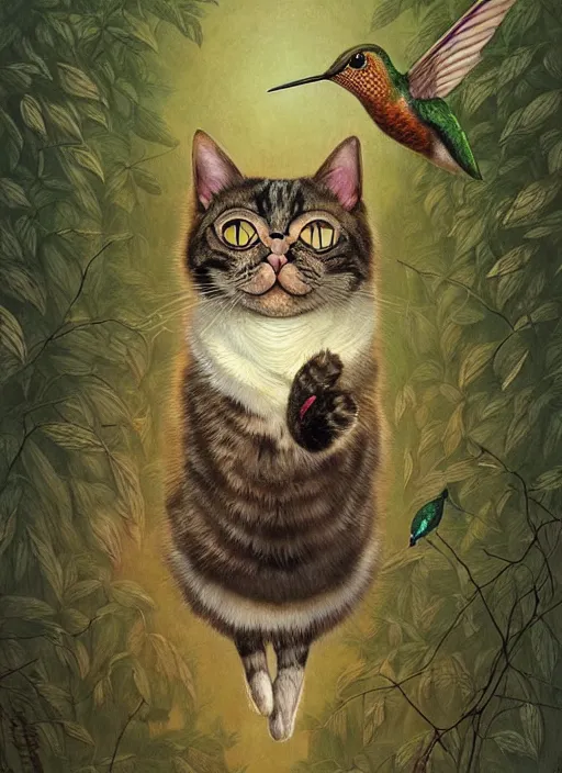 Image similar to a hyper realistic illustrated cat with playing with a hummingbird on its paw in the woods gorgeous lighting, k _ lms lush forest foliage painting by chiara bautista and beksinski and norman rockwell and greg rutkowski weta studio, and lucasfilm