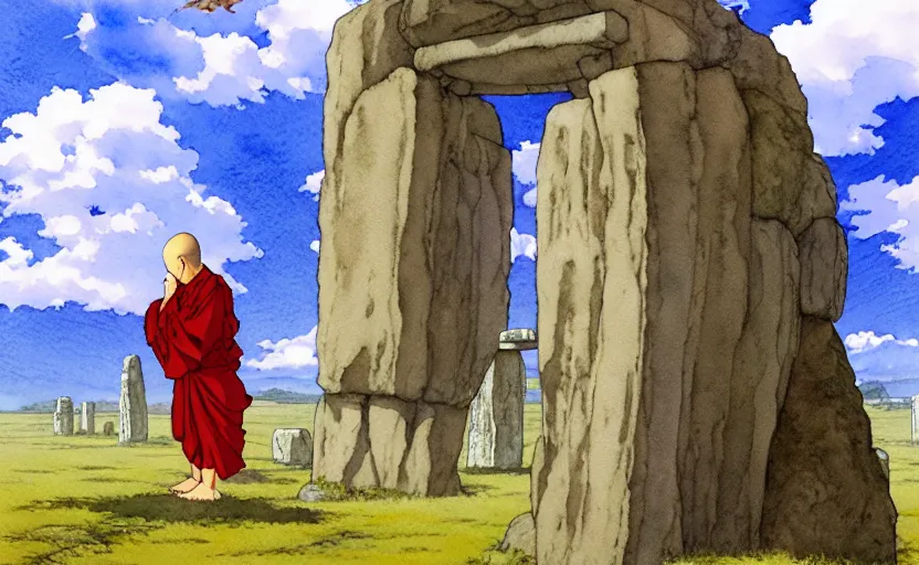 Image similar to a hyperrealist anime watercolor fantasy concept art of a giant monk with a big forehead and a grey robe swaying in stonehenge. in the background several immense stones are floating in the air. by rebecca guay, michael kaluta, charles vess