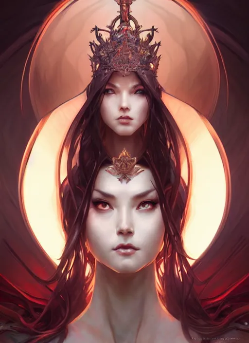 Prompt: concept art by artgerm, attractive i robot demon queen with crown and red eyes, soft natural light, intricate, elegant, highly detailed, mountain background with houses and river, digital painting, artstation, concept art, smooth, sharp focus, illustration, art by greg rutkowski and alphonse mucha and uang guangjian and gil elvgren, symmetry!!