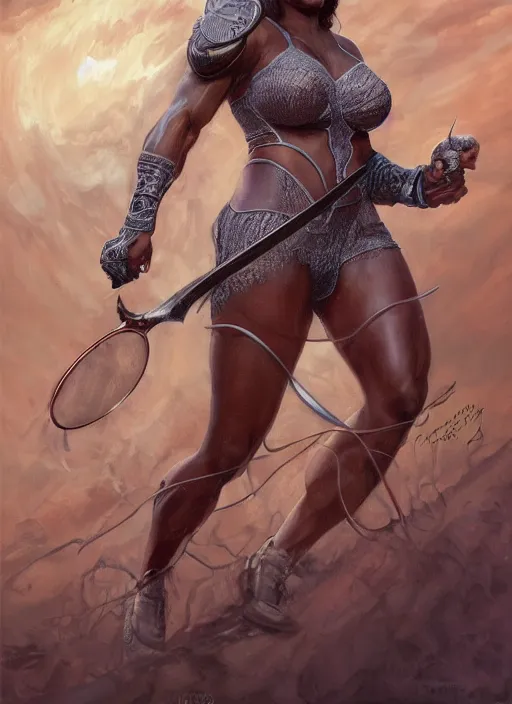 Image similar to serena williams as a ruggedly handsome hero holding an enormous large dual wielding sword, intricate, elegant, highly detailed, centered, digital painting, artstation, concept art, smooth, sharp focus, illustration, artgerm, donato giancola, Joseph Christian Leyendecker, WLOP, Boris Vallejo, Artgerm