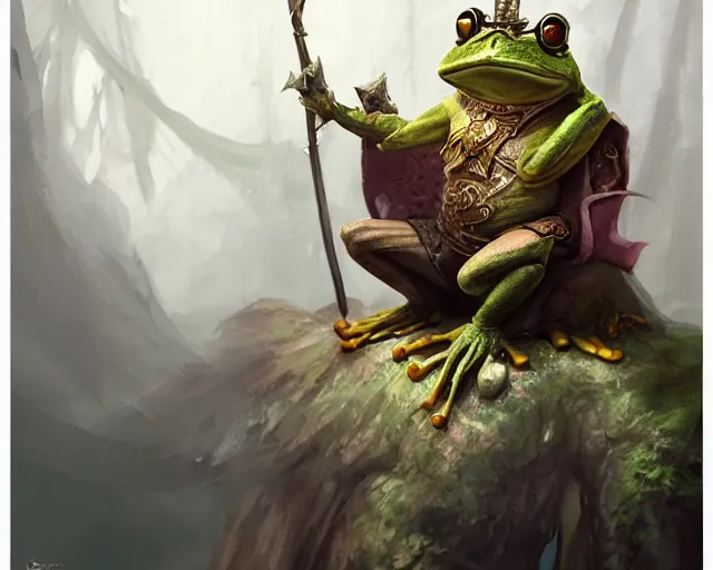 Prompt: dnd character art for an anthropomorphic frog king, wearing a crown, sitting like a human on a throne, fantasy concept art, dnd character art, digital painting, oil painting, hyperrealistic, highly detailed, artstation, cgsociety, by greg rutkowski, by alan lee, by artgerm