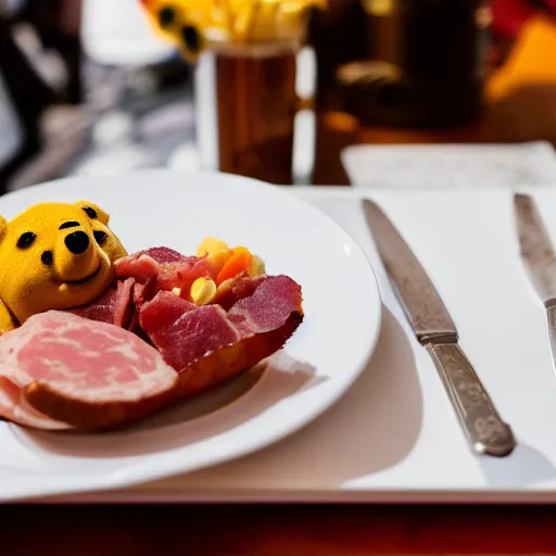 Prompt: close up of winnie the pooh with a plate of sausage and bacon and ham hock, cinematographic shot, cartoon