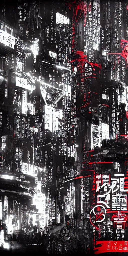 Prompt: a photo of a banner with symbols, cyberpunk logos of megacorporations by tsutomu nihei, futuristic font glyphs, black white red, sci fi font, graphic design, 8 k, innate studio