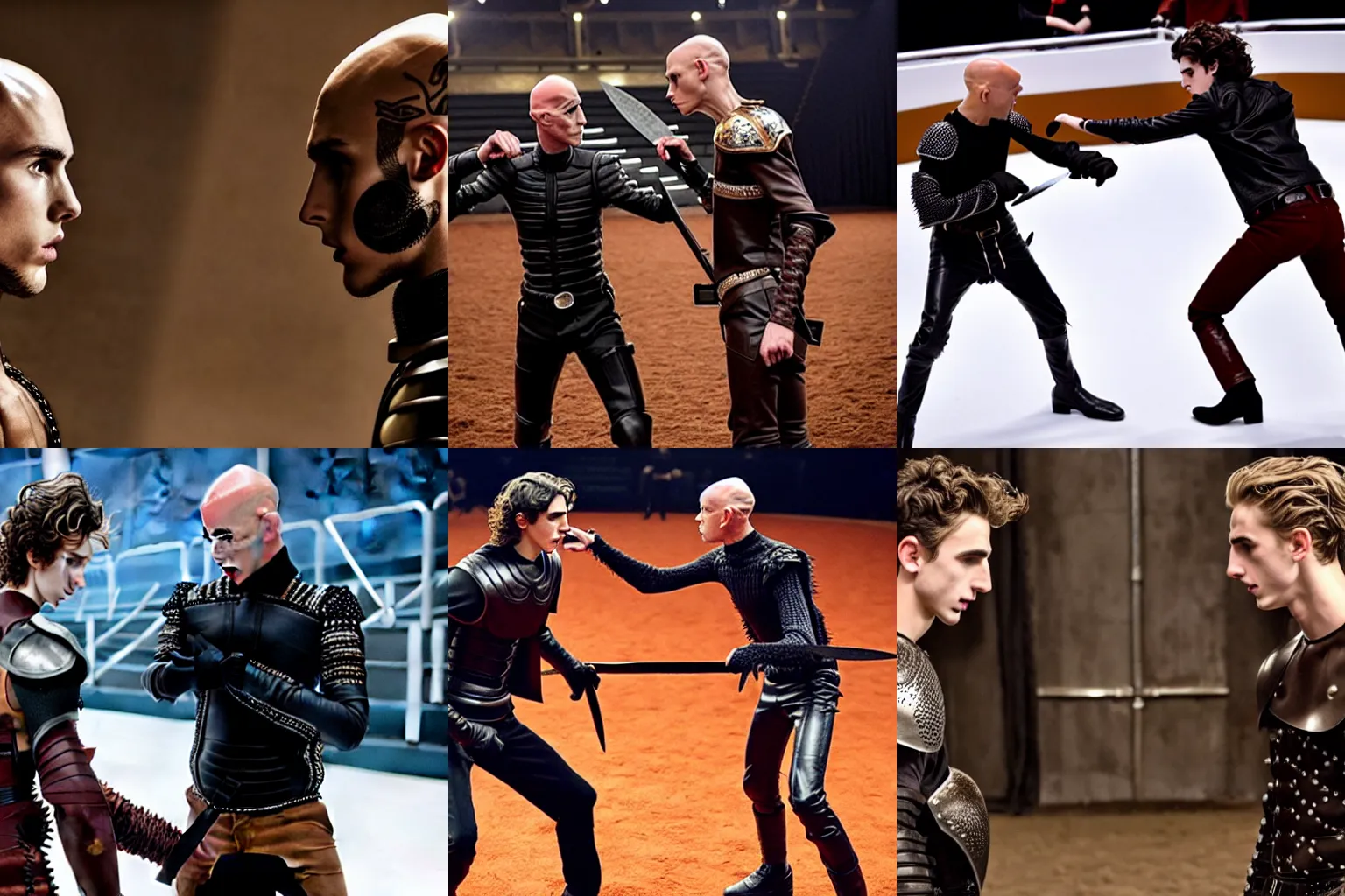 Prompt: hectic knife-fight between bald_hairless_Austin_Butler-dressed-in-black-leather-armor versus Timothee_Chalamet_dressed-in-brown-felt, in an arena, detailed faces