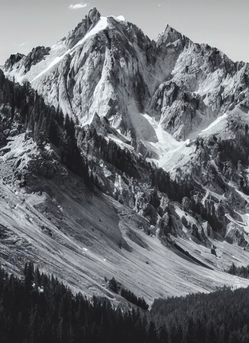 Image similar to old lost footage in black and white of a beautiful mountain,hyper realistic 8K HD real life photo