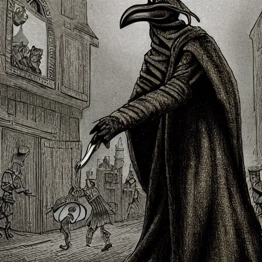 Prompt: The Plague goes East and The Plague Doctor follows