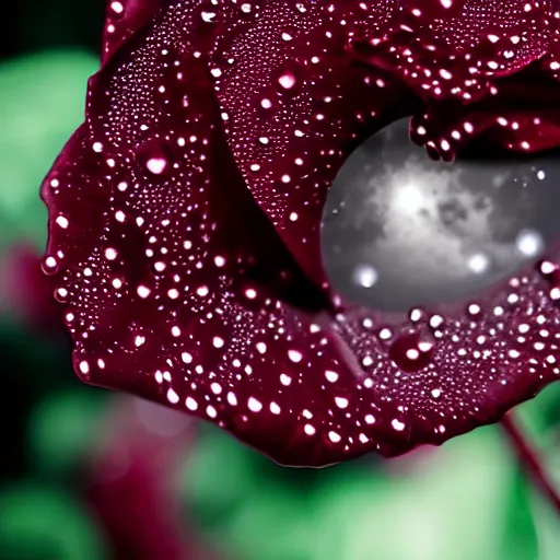 Image similar to close up of a burgundy rose with droplets of water reflecting the moon. hyper-realistic. intricate detail. cinematic and volumetric light.