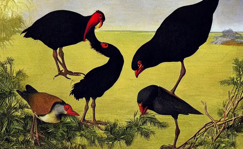 Image similar to a group of pukeko in the style of Caravaggio, digital art, high quality, highly detailed, high coherence, anatomically correct, Caravaggio, concept art, golden bay abel tasman new zealand, marterpiece