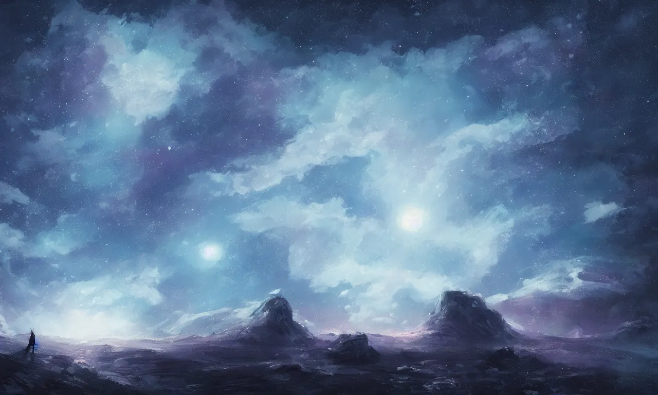 Image similar to a beautiful painting of ice age, starry sky, moon ， cloud, by liam wong and yuumei and yanjun chen, trending on artstation