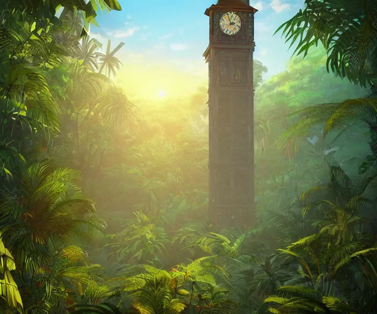 Image similar to a tall clock tower in a jungle!, mist, tropical trees, vines, birds, sunset!, fluffy clouds, warm colors, beautiful lighting, digital art, intricate details, trending on artstation