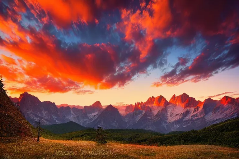 Image similar to beautiful landscape of mountains with lake and a dead tree in the foreground by Marc Adamus, sunset, dramatic sky