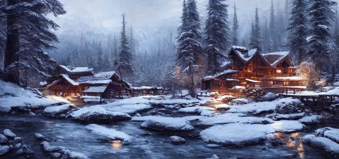 Prompt: a single cozy lodge beside a river stream in the canadian wilderness in winter, dramatic lighting, cinematic, establishing shot, extremely high detail, photo realistic, cinematic lighting, post processed, concept art, artstation, matte painting, style by eddie mendoza, raphael lacoste, alex ross