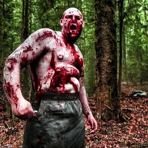 Image similar to big butcher man posing scarily, scary angry pose, covered in blood, fresh kill, cleaver, earie setting, in a forest, horror, hyperdetailed